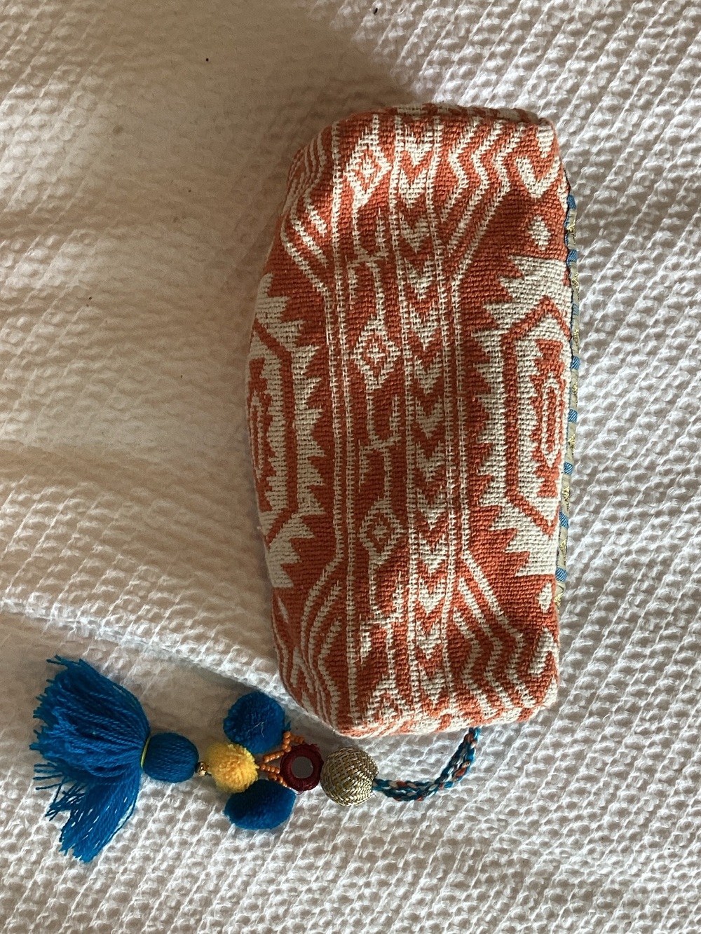 lovestitch Orange and Cream Woven Cosmetic Pouch‎ with Blue Tassel